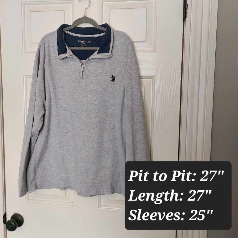 US Polo Assn Mens 2XL Gray Quarter Zip Sweatshirt Pullover Blue Trim